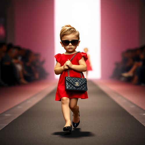 Slim baby walks runway in red Chanel outfit.