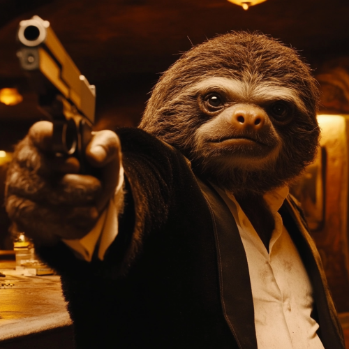 Sloth dressed as Jules from Pulp Fiction movie scene. Sloth dressed as Jules from Pulp Fiction movie scene.