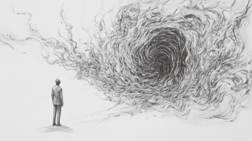 Small, fragile figure overwhelmed by immense force. Shapes chaotic, unsettling.