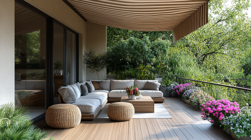 Small balcony design with wooden flooring, white walls, beige ceiling, outdoor sofa set, coffee table adorned with flowers, decorative plants, striped awning, stunning views, modern home decor. Small balcony design with wooden flooring, white walls, beige ceiling, outdoor sofa set, coffee table adorned with flowers, decorative plants, striped awning, stunning views, modern home decor.
