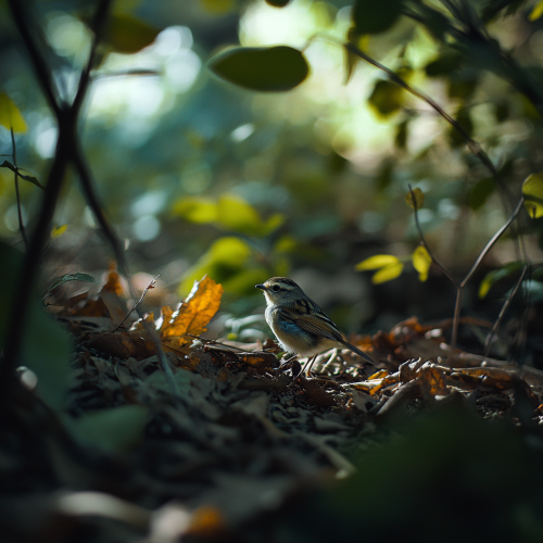 Small bird in forest with branches, leaves, realistic lighting.