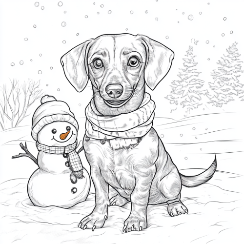 Small dog with snowman on coloring page.