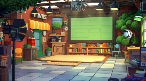 Small-town TV studio, cartoon animated show setting, no people.