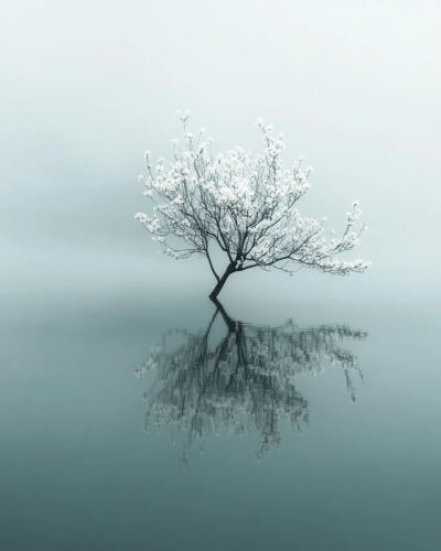 Small tree with white flowers in calm water, foggy sky.