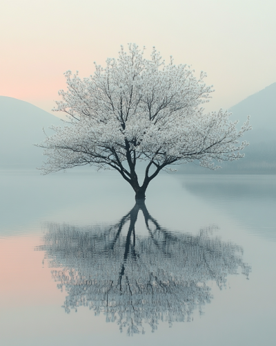 Small tree with white flowers in calm water reflection.