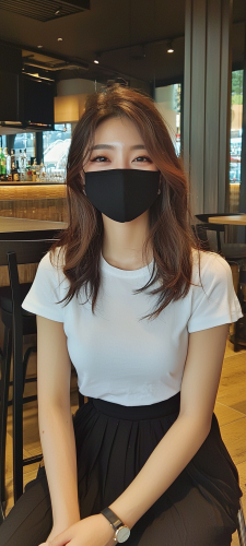 Smiling 20yo idol in stylish outfit at stylish bar.