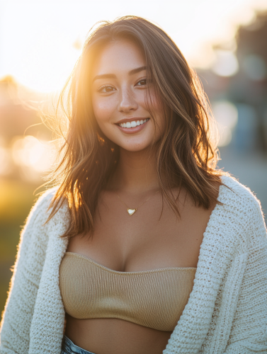 Smiling 28-Year-Old Woman Outdoors, Casual Wear, Fujifilm GFX 100S 