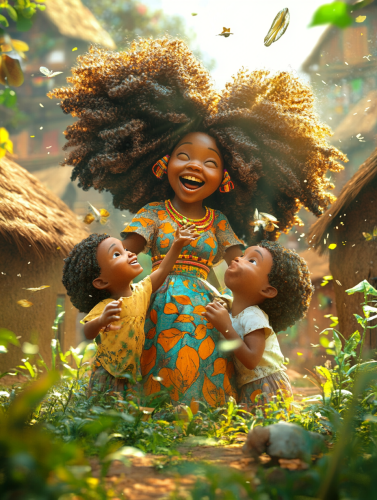 Smiling African woman with large hair plays with kids. Smiling African woman with large hair plays with kids.