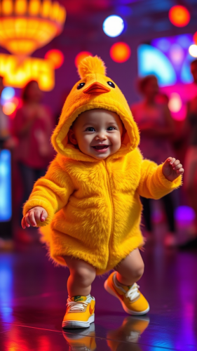 Smiling Baby Duck Dances at Disco in Nike's.