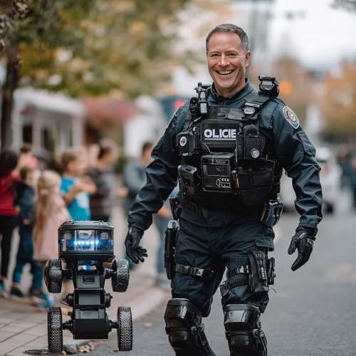 Smiling Canadian Police Officer Patrols City with Walking Robot