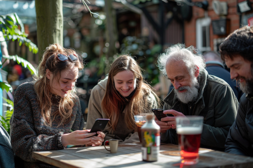 Smiling Friends at Sunny Pub Garden with Phones