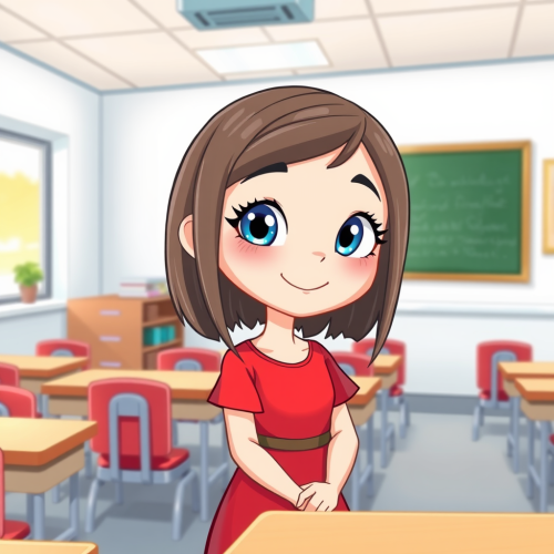Smiling Girl in Red Dress in Cartoonish Classroom
