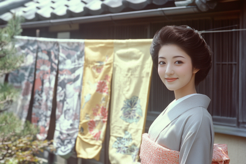 Smiling Japanese Woman in Traditional Kimono Standing