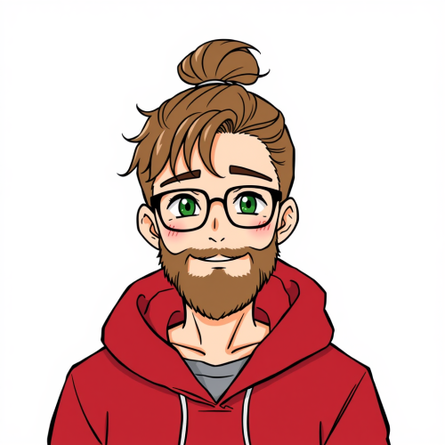 Smiling Man with Bun and Beard in Crimson Hoodie