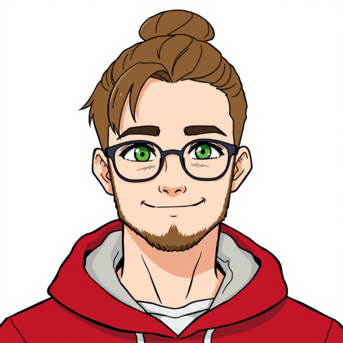 Smiling Man with Bun and Glasses in Anime Style