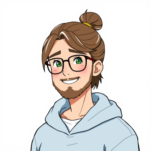 Smiling Man with Man Bun and Glasses, Anime Style