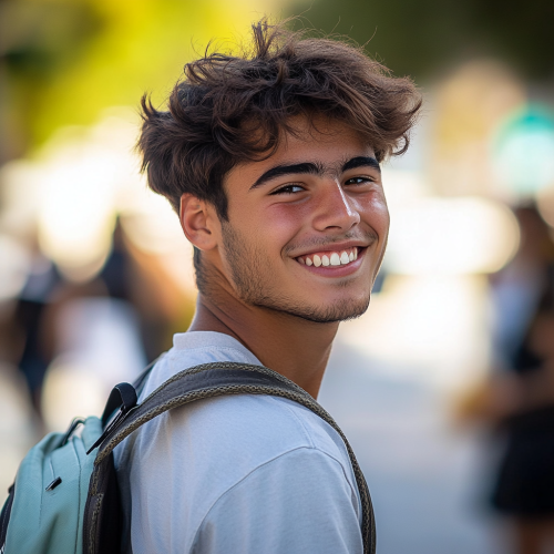 Smiling Spanish student with school backpack and Sony A7III.