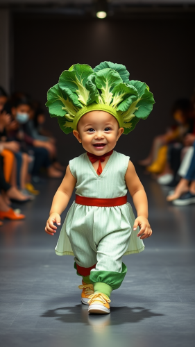 Smiling baby confidently walks on indoor fashion runway.