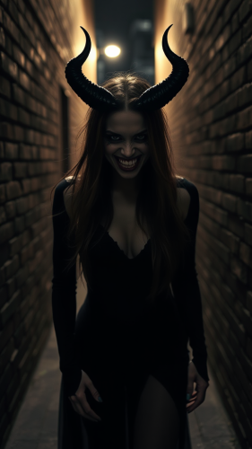 Smiling demon woman in dark alley