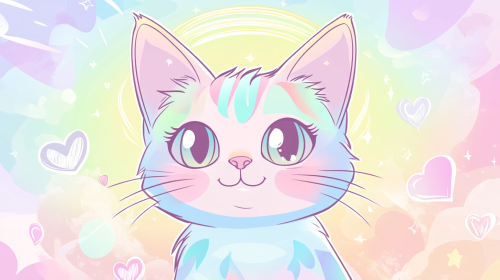 Smiling female cat as Bodhisattva surrounded by playful elements.