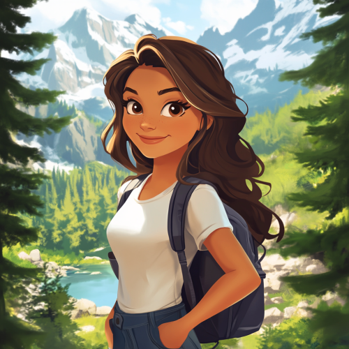 Smiling female hiker with long brown hair in mountains.