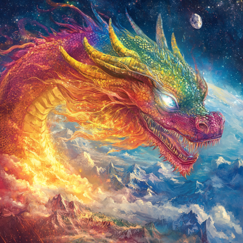 Smiling giant dragon with rainbow crystal eye in sky