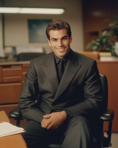 Smiling man in suit sitting in office chair