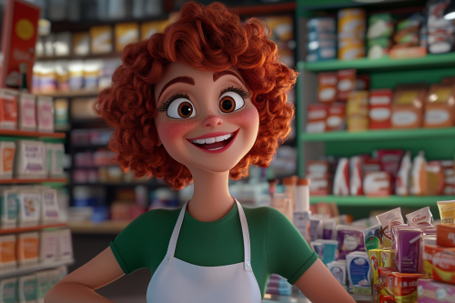 Smiling redhead woman selling items in store