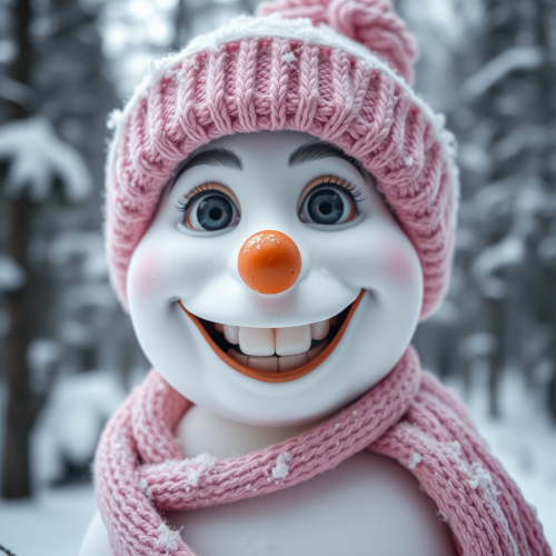 Smiling snowman with human eyes in pink outfit