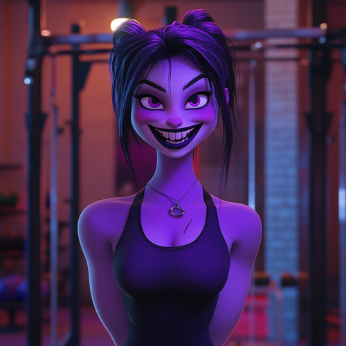 Smiling vampire girl in gym setting with sports equipment.