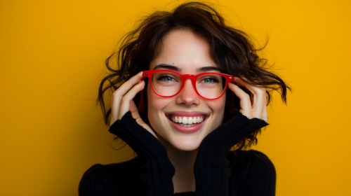 Smiling woman in black with glasses, yellow background