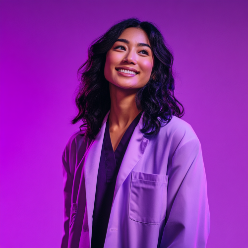 Smiling woman in dark purple lab coat. Bright lighting