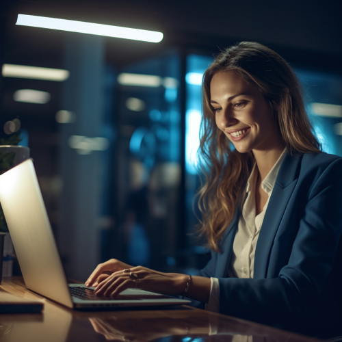 Smiling woman in office, typing on laptop, modern setting.