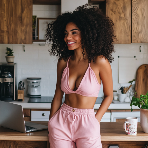 Smiling woman in pink outfit with laptop in kitchen.