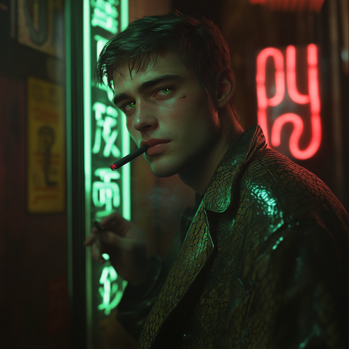 Smug young man in neon Egyptian cyberpunk scene
