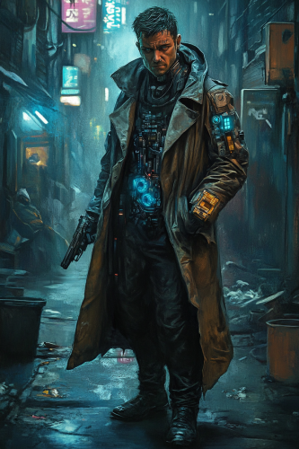 Sneaky street thief in dirty alley with tech gadgets