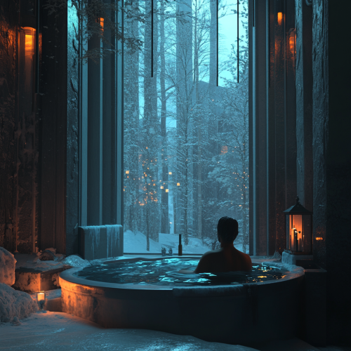 Snow spa in enclosed space with dim cool lighting.