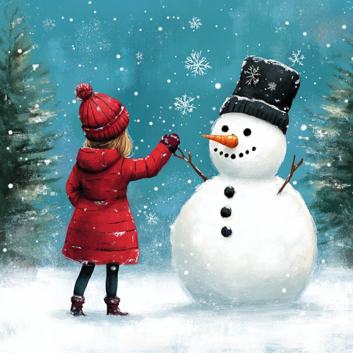 Snowman holding hand of girl in red coat.