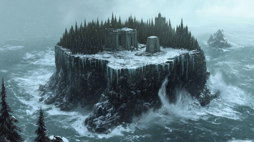 Snowy island with pine forests above stormy sea. Mausoleums. Snowy island with pine forests above stormy sea. Mausoleums.