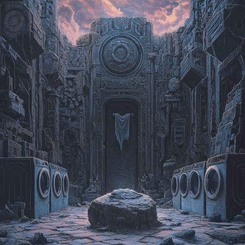 Socks on stone altar surrounded by washing machines.