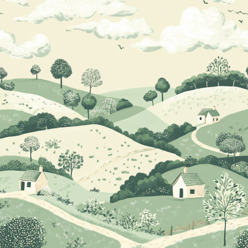 Soft, rolling countryside landscape with quaint houses in pastels. Soft, rolling countryside landscape with quaint houses in pastels.