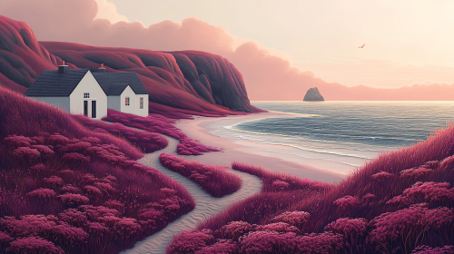 Soft blue sea, purple beach, white houses, bright colors.