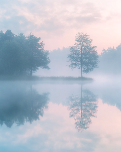 Soft morning sunlight gently covers natural landscape, creating serene atmosphere.