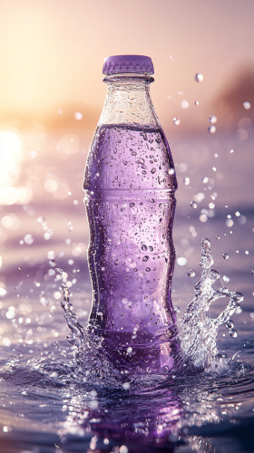 Soft purple Coca-Cola bottle on sparkling water droplets.