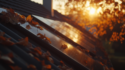 Solar panels on house roof at sunset with leaves