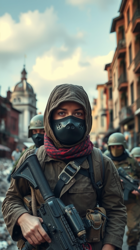 Soldier women wear masks in ruined city.
