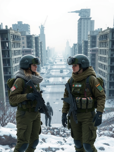 Soldiers in winter gear stand near damaged city.