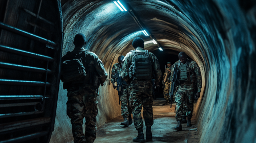 Soldiers training in bunker, dark cinematic style