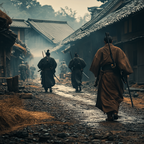 Soldiers training in robes in village, action shot.