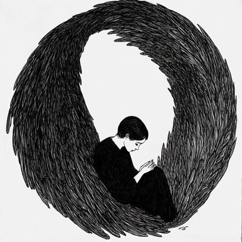 Solitary Woman with Dark Feathered Wings